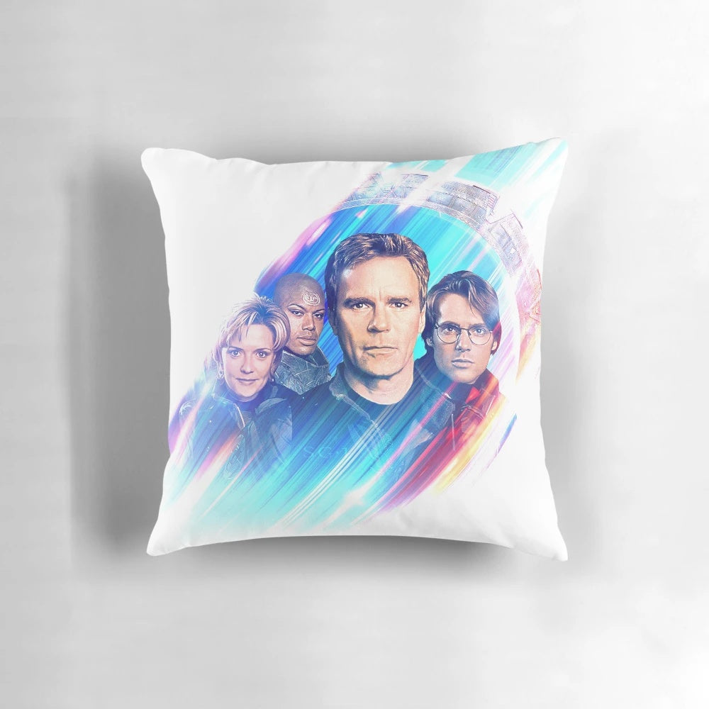 Stargate SG1 themed throw pillow featuring the iconic wormhole and Stargate logo