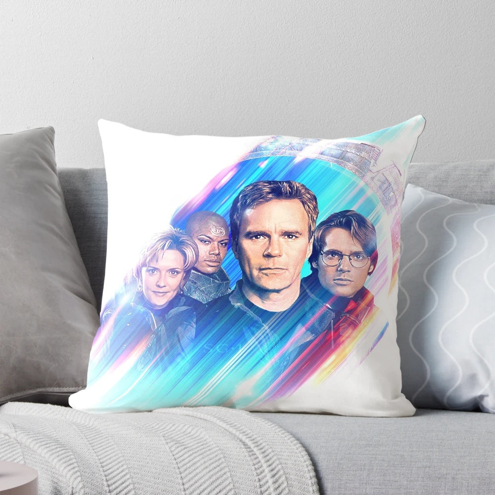 Stargate SG1 themed throw pillow featuring the iconic wormhole and Stargate logo