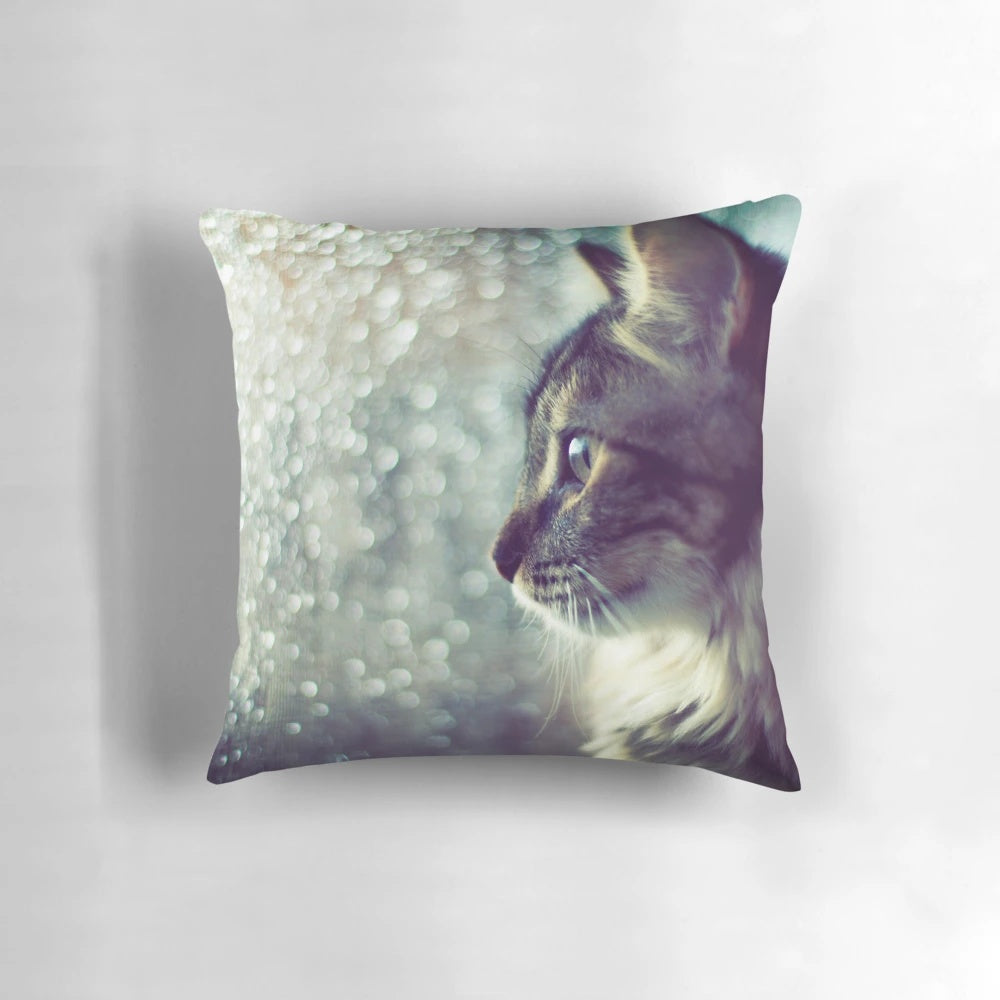 A cozy cat pillow with a dreamy, open world design featuring rain and bokeh lighting
