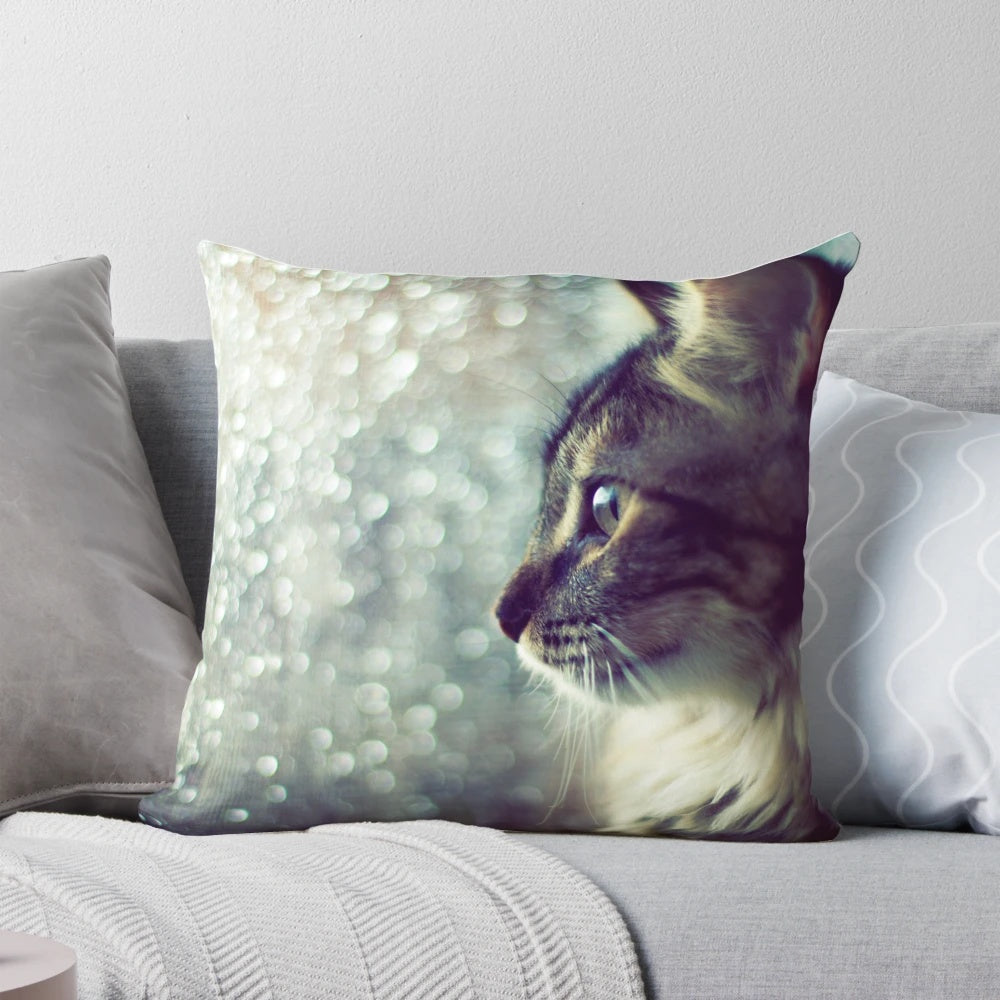 A cozy cat pillow with a dreamy, open world design featuring rain and bokeh lighting