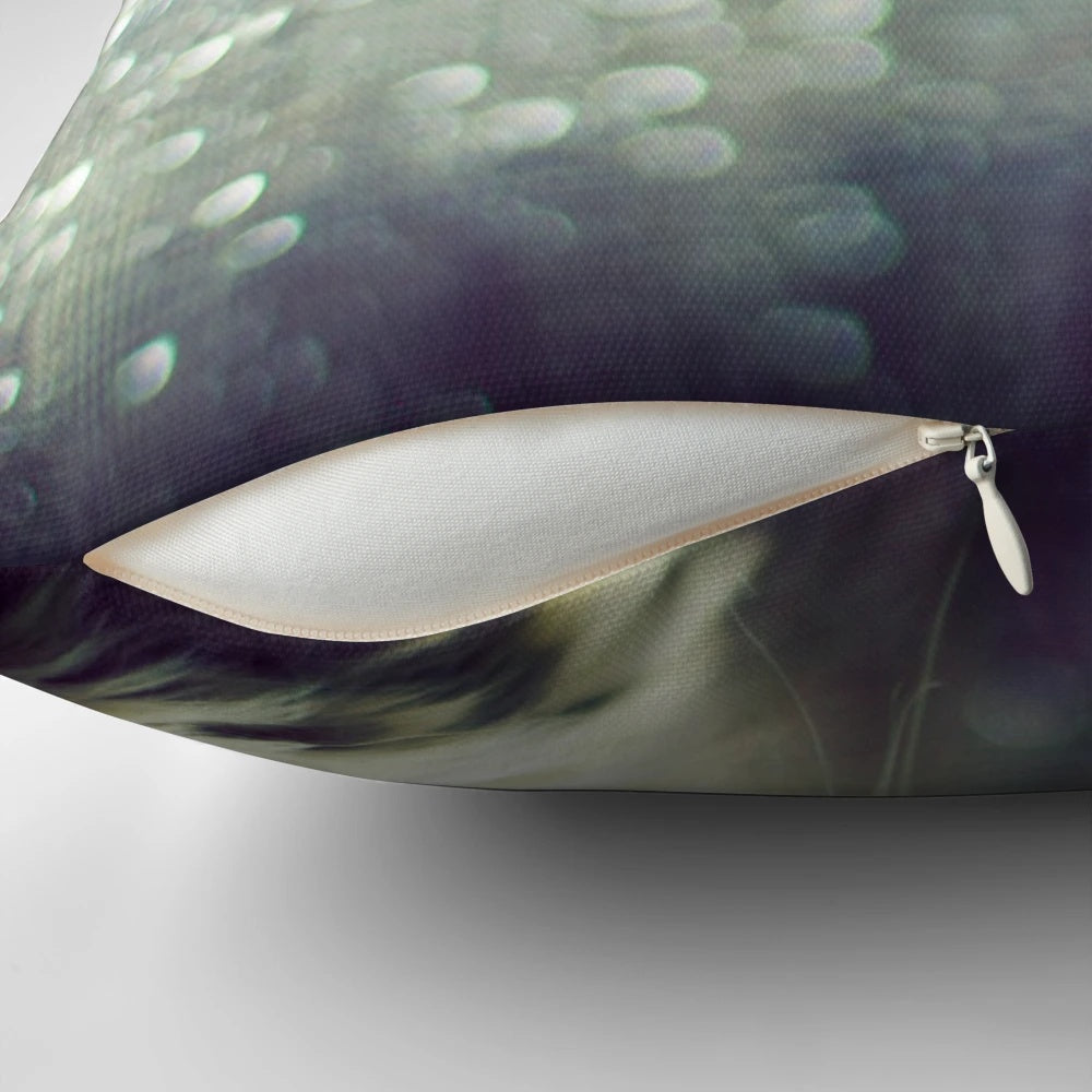 A cozy cat pillow with a dreamy, open world design featuring rain and bokeh lighting