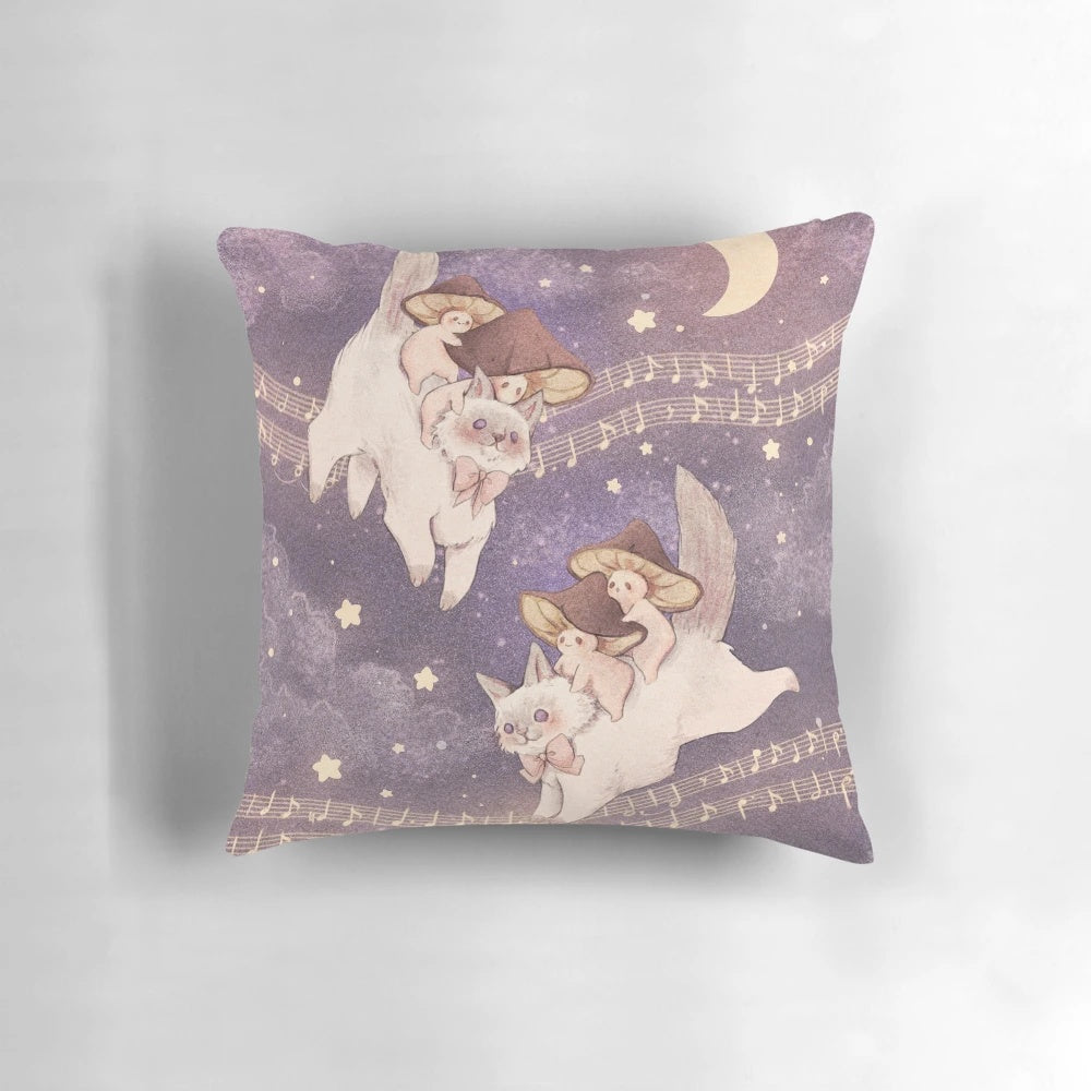 Soft, cozy cottage core-style pillow featuring a starry night sky backdrop and a curious cat exploring the magical space.