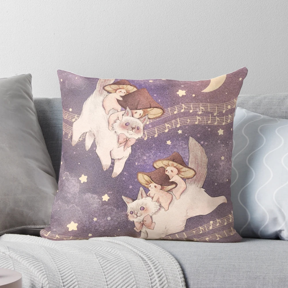 Soft, cozy cottage core-style pillow featuring a starry night sky backdrop and a curious cat exploring the magical space.