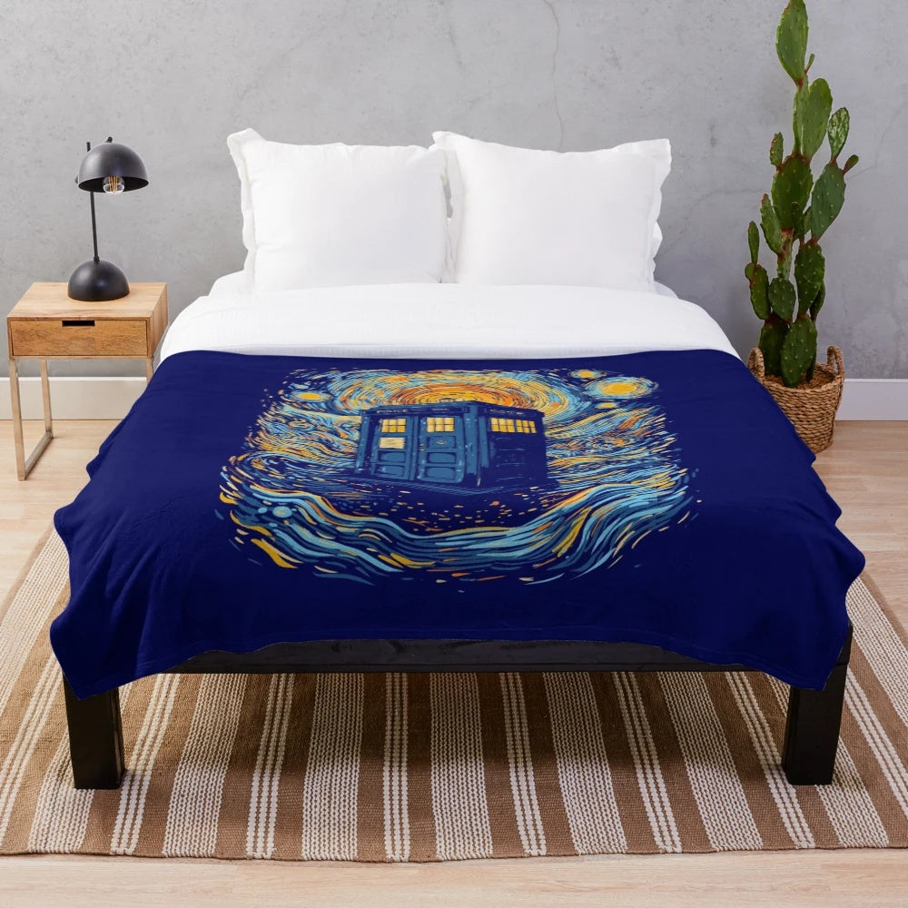 Starry blue box themed plush blanket inspired by pop culture