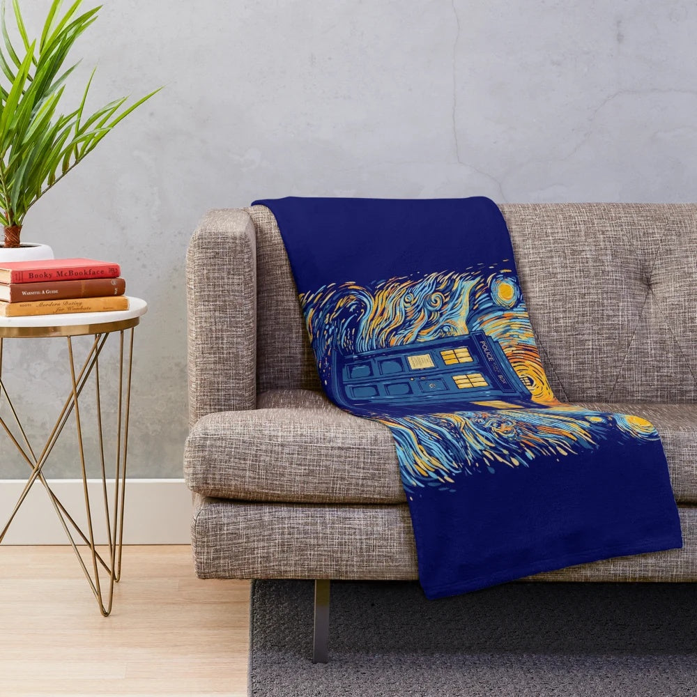 Starry blue box themed plush blanket inspired by pop culture