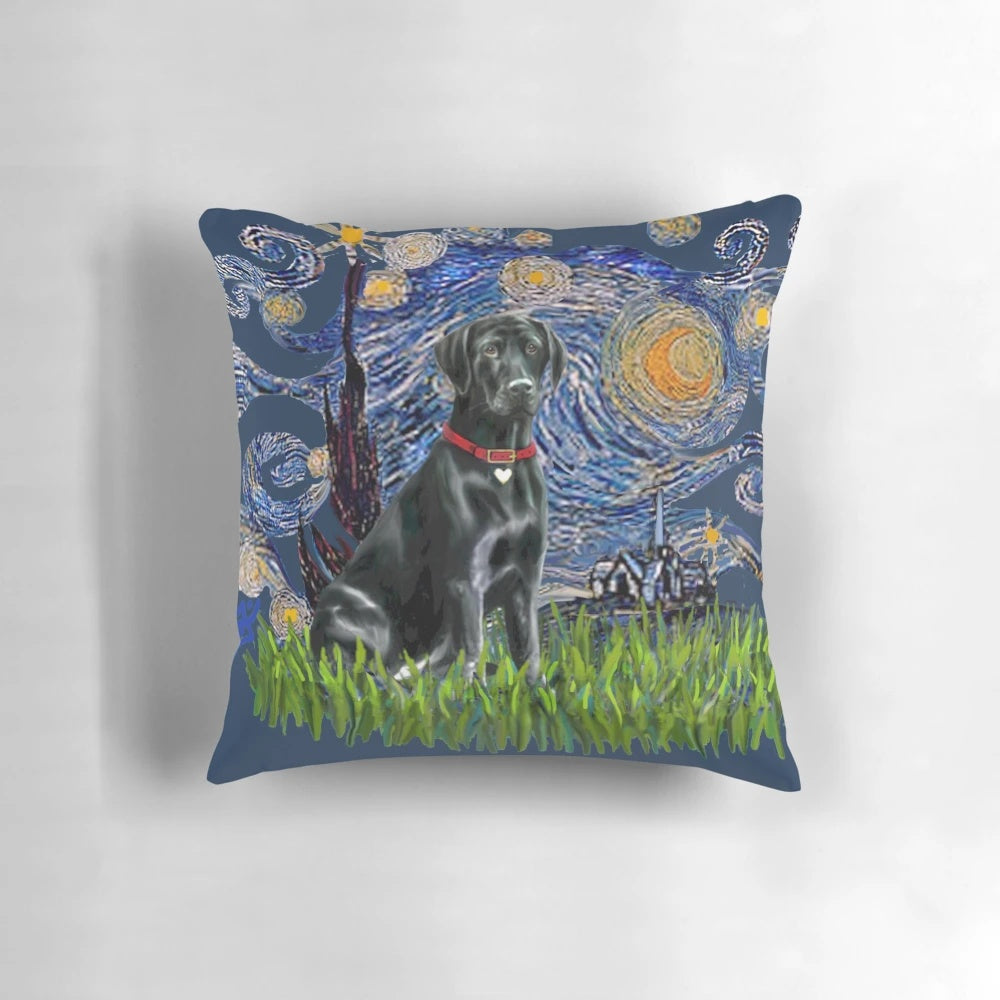 Pillow featuring a black labrador retriever dog in the Starry Night painting by Vincent van Gogh