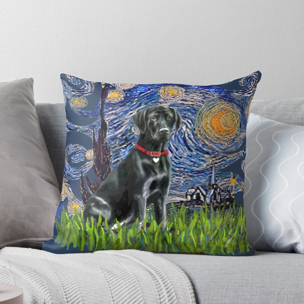 Pillow featuring a black labrador retriever dog in the Starry Night painting by Vincent van Gogh