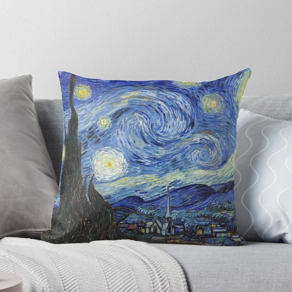 Starry Night decorative throw pillow featuring Vincent Van Gogh's iconic painting
