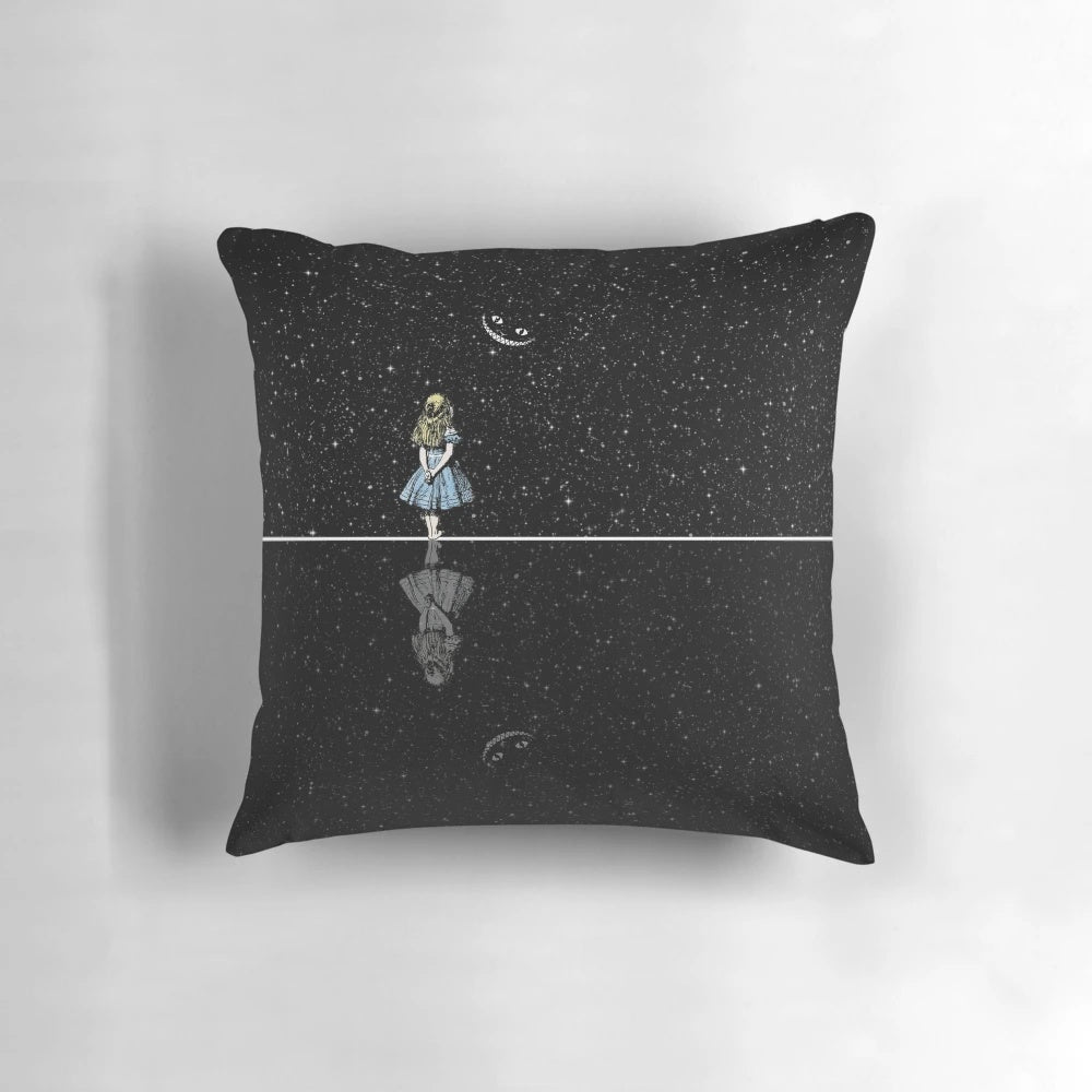 Decorative throw pillow featuring a black and white starry night scene inspired by the Alice in Wonderland story