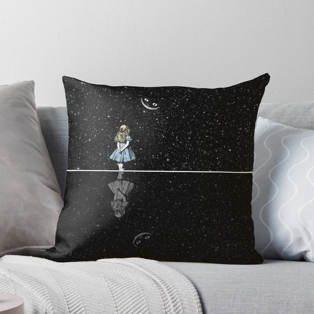 Decorative throw pillow featuring a black and white starry night scene inspired by the Alice in Wonderland story