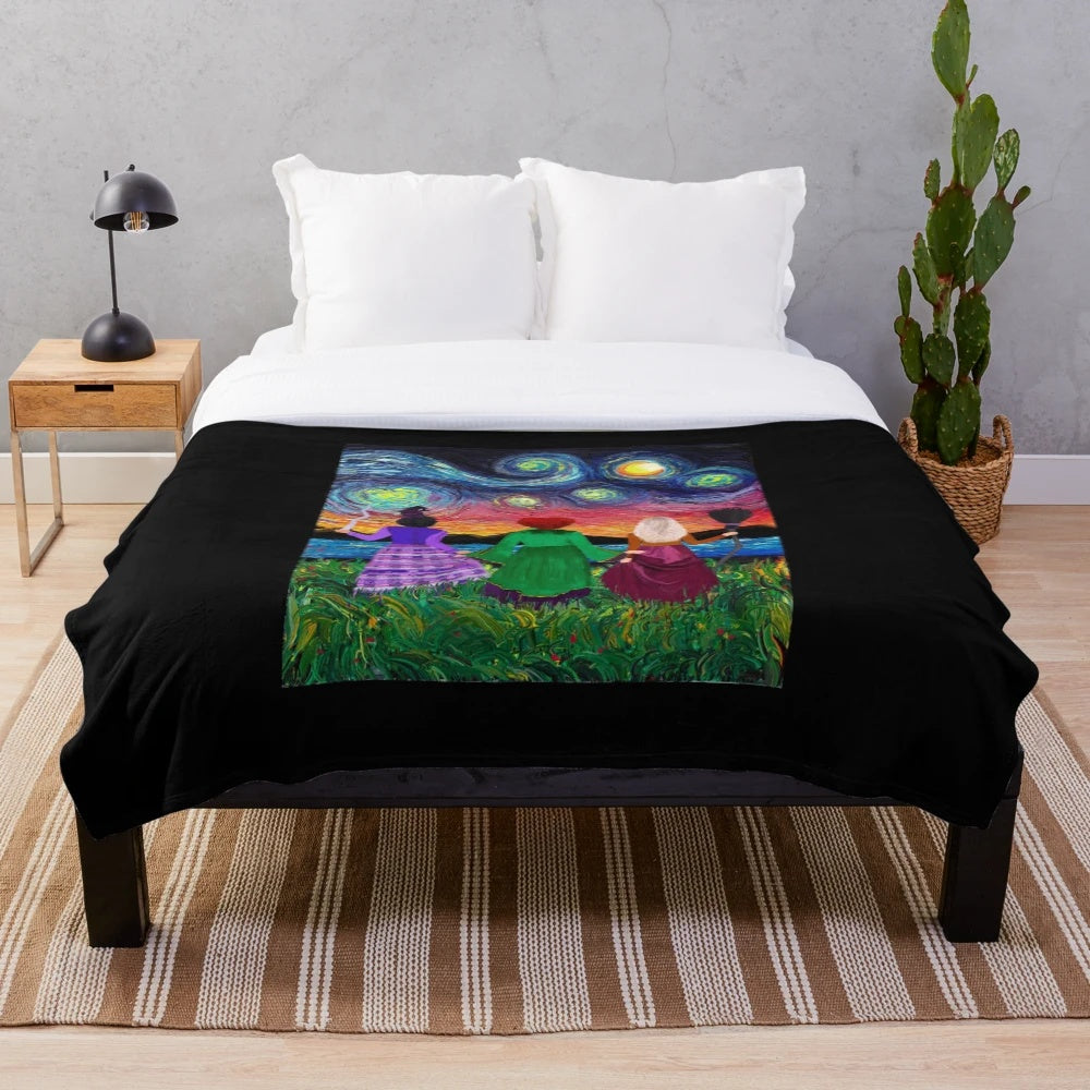 Hocus Pocus themed plush blanket with Starry Night painting design