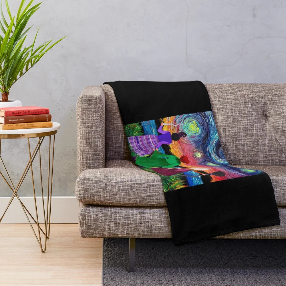 Hocus Pocus themed plush blanket with Starry Night painting design