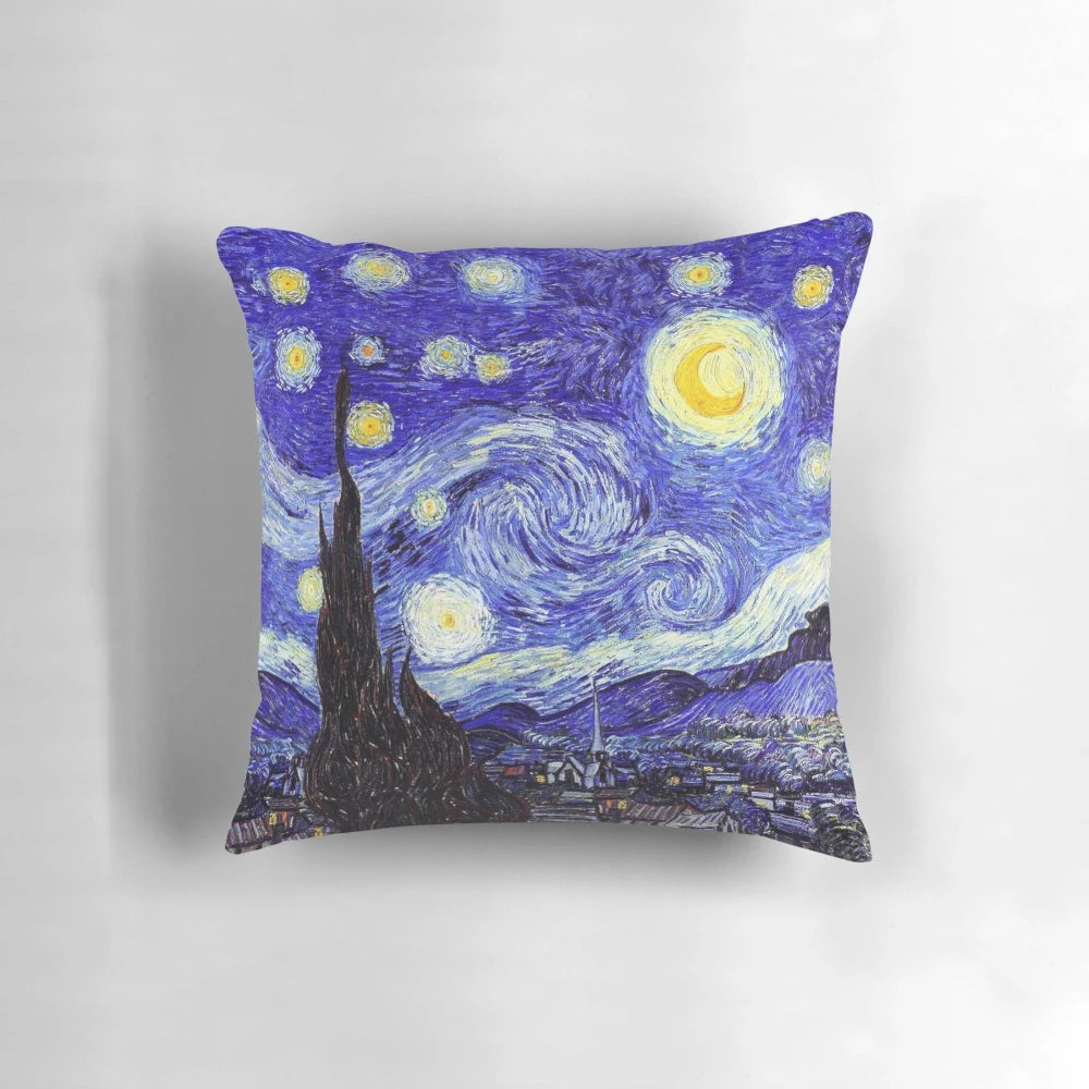 A decorative pillow featuring a design inspired by Van Gogh's "The Starry Night" painting, with a mountain landscape and night sky.