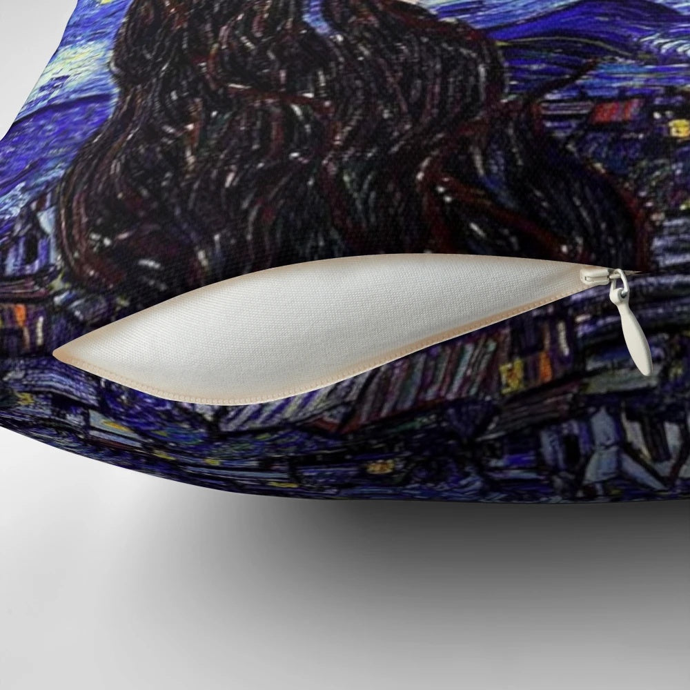 A decorative pillow featuring a design inspired by Van Gogh's "The Starry Night" painting, with a mountain landscape and night sky.