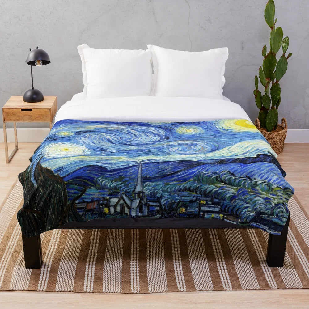 Starry Night inspired plush blanket featuring the iconic Vincent van Gogh painting