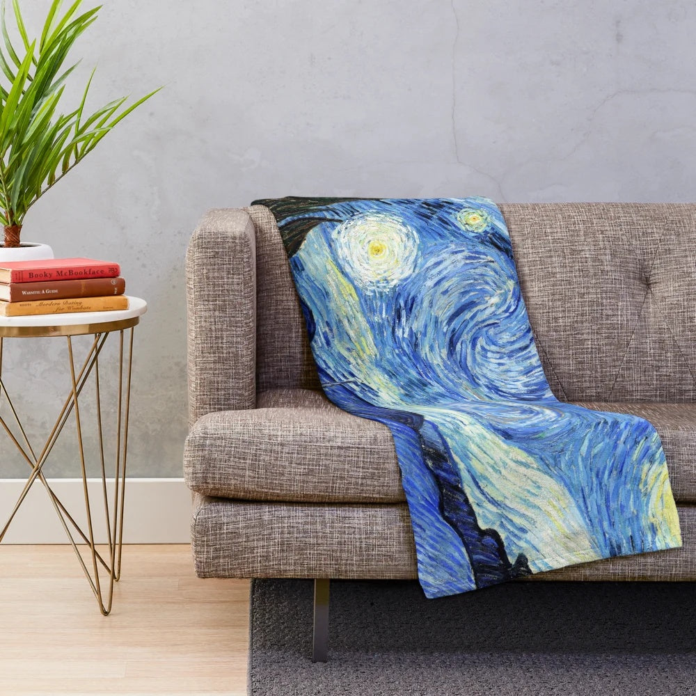 Starry Night inspired plush blanket featuring the iconic Vincent van Gogh painting