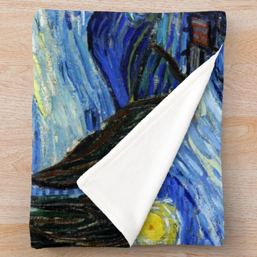 Starry Night inspired plush blanket featuring the iconic Vincent van Gogh painting