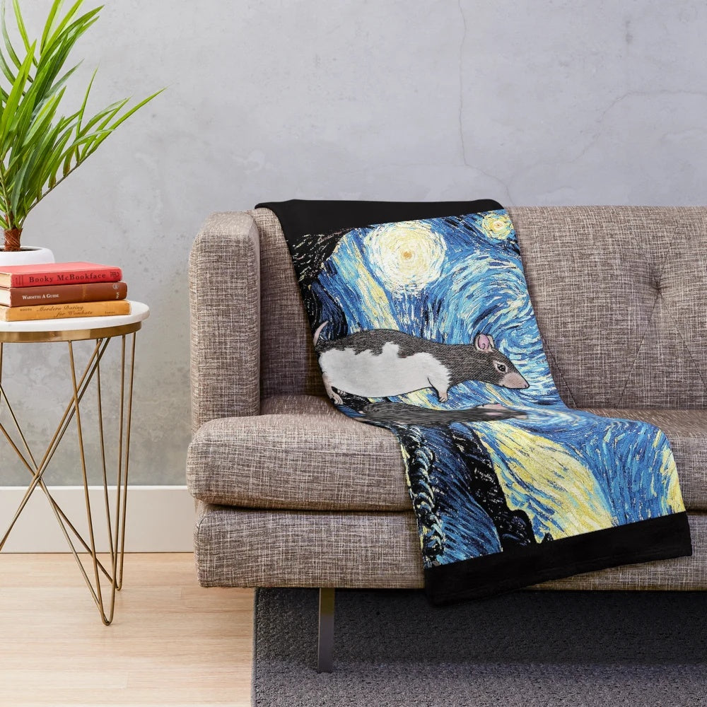 Plush blanket featuring a Van Gogh Starry Night inspired design for pet rats