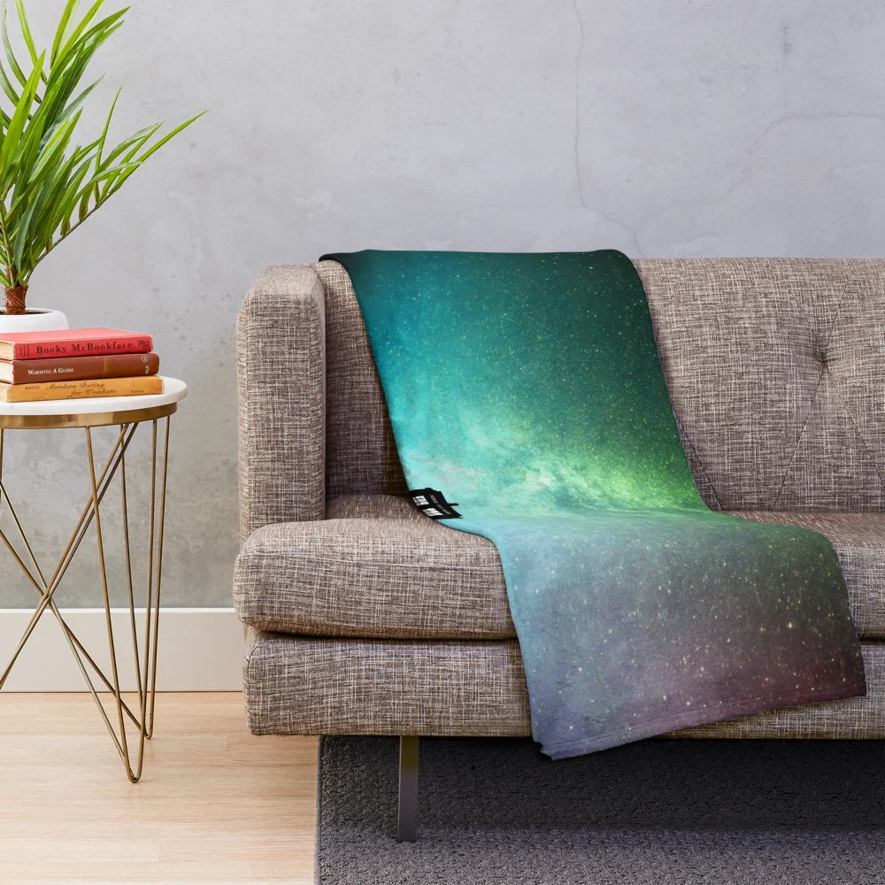 Starry night inspired plush celestial blanket with galaxy print design