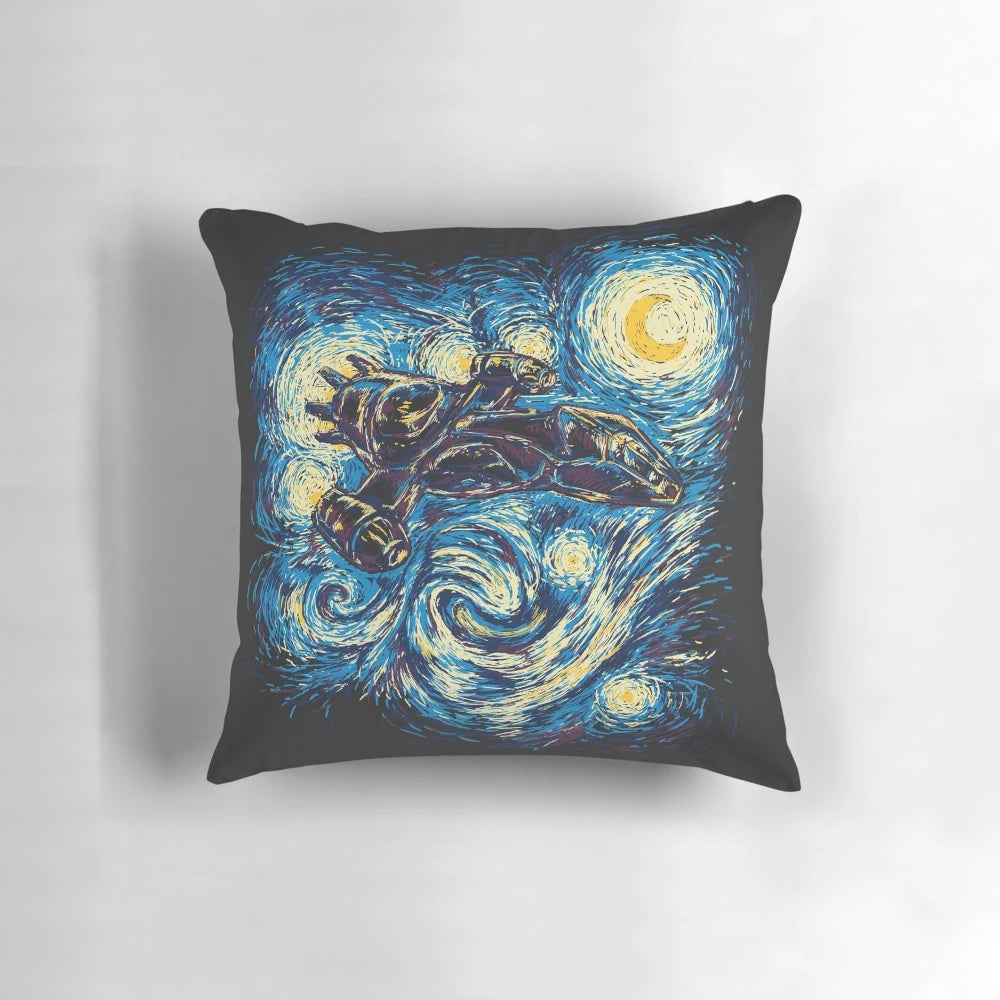 A Starry Night-inspired pillow featuring a sci-fi spacecraft in flight against a starry backdrop, perfect for Firefly and Serenity fans.
