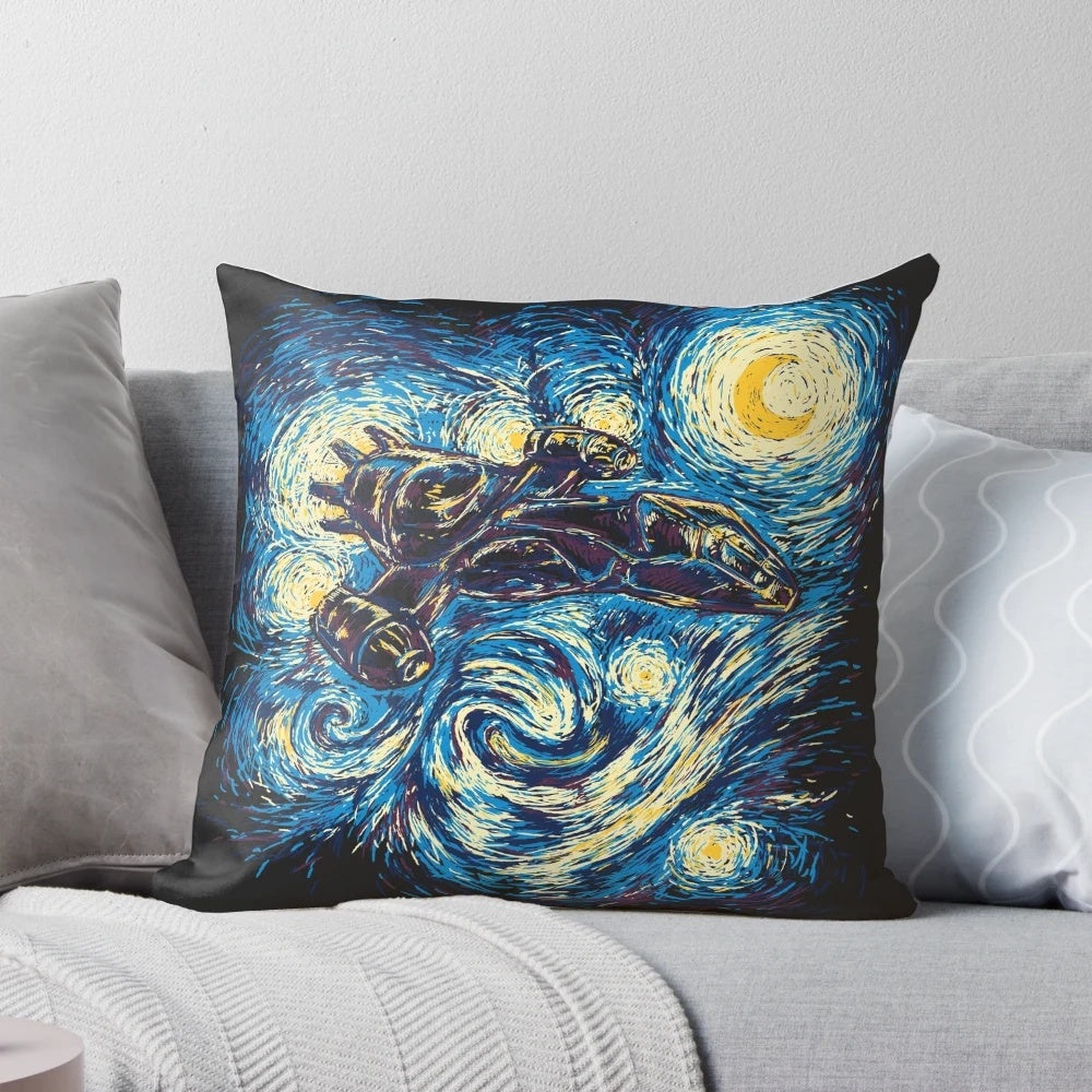 A Starry Night-inspired pillow featuring a sci-fi spacecraft in flight against a starry backdrop, perfect for Firefly and Serenity fans.