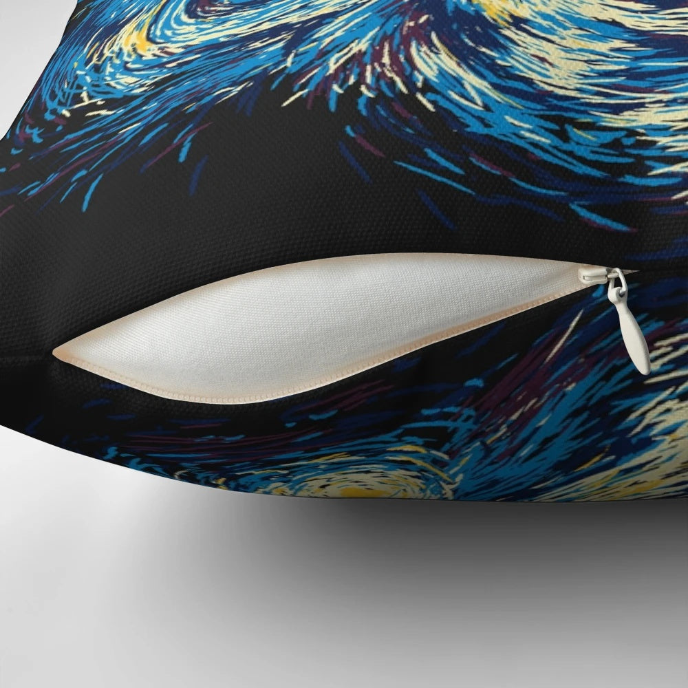 A Starry Night-inspired pillow featuring a sci-fi spacecraft in flight against a starry backdrop, perfect for Firefly and Serenity fans.