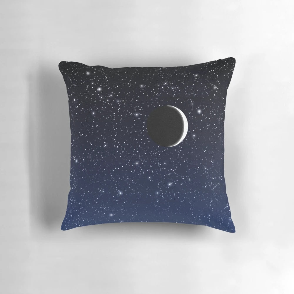 Midnight blue pillow with stars and crescent moon design, perfect for star gazing and celestial-inspired home decor.