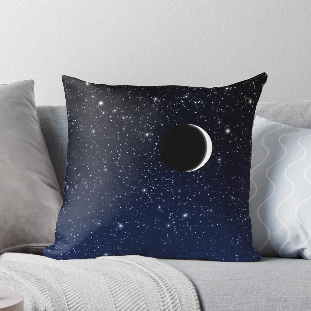 Midnight blue pillow with stars and crescent moon design, perfect for star gazing and celestial-inspired home decor.