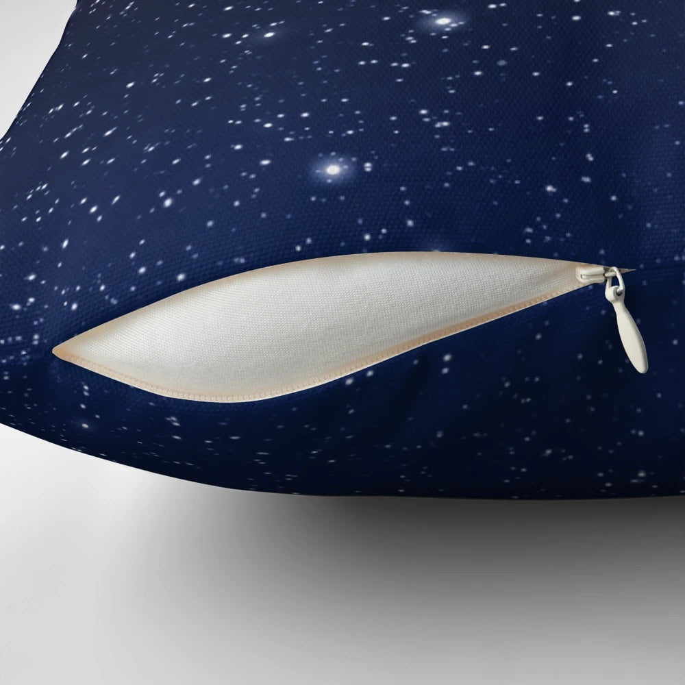 Midnight blue pillow with stars and crescent moon design, perfect for star gazing and celestial-inspired home decor.