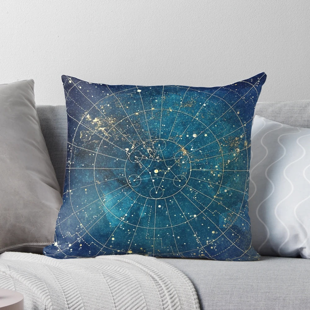 A decorative pillow featuring a detailed star map design of the night sky