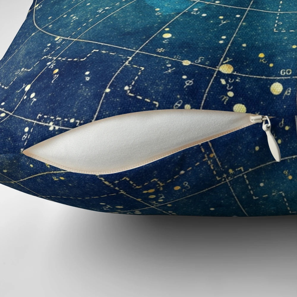 A decorative pillow featuring a detailed star map design of the night sky