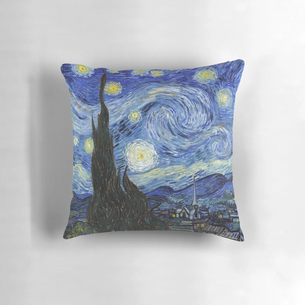 Starry Night Van Gogh Inspired Throw Pillow with Vibrant Galaxy and Celestial Sky Print