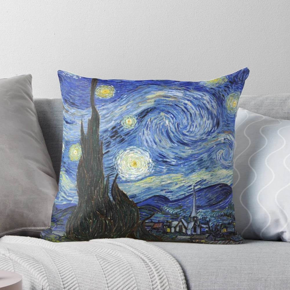 Starry Night Van Gogh Inspired Throw Pillow with Vibrant Galaxy and Celestial Sky Print