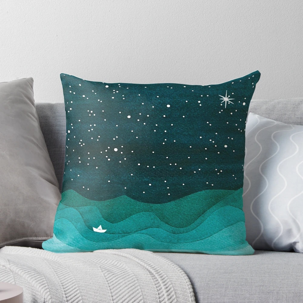 Teal sailboat on a starry night ocean watercolor painting printed on a decorative throw pillow