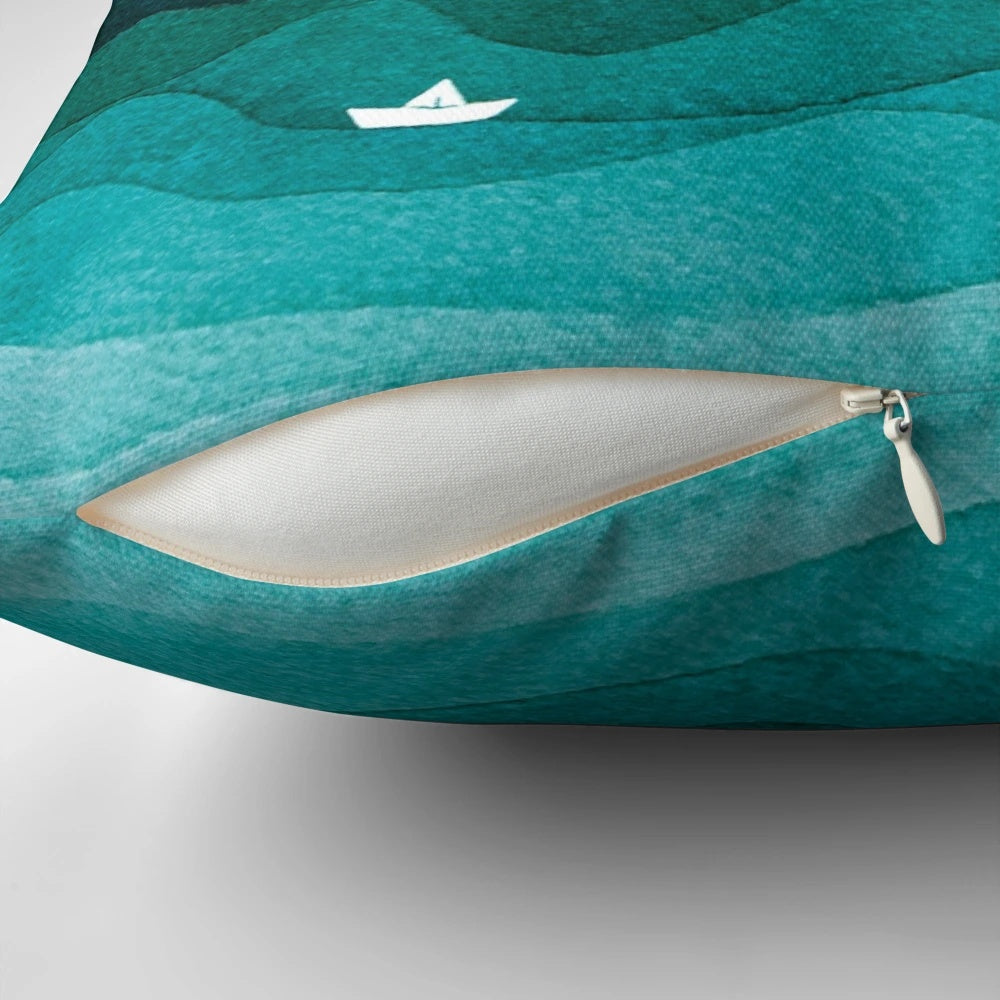Teal sailboat on a starry night ocean watercolor painting printed on a decorative throw pillow