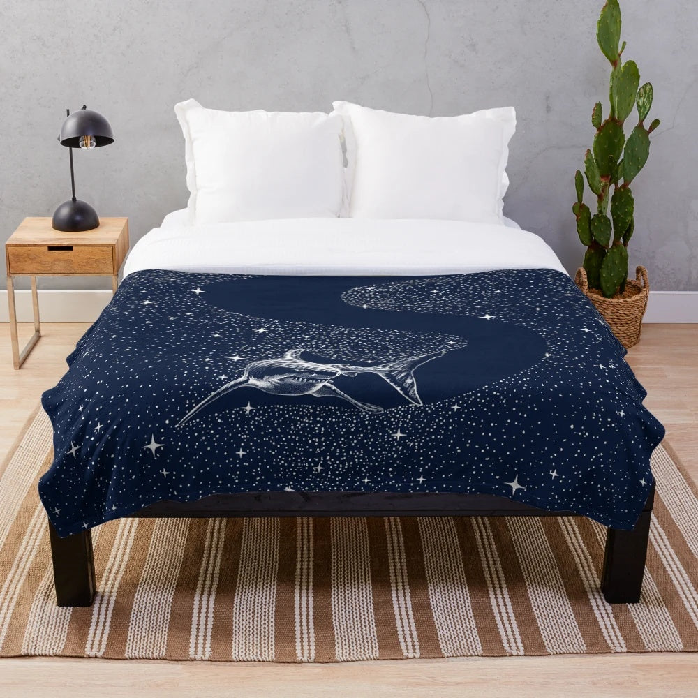 Starry shark plush blanket with surreal underwater galaxy design