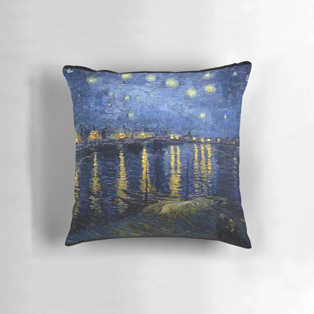 Starry night sky pillow featuring Vincent Van Gogh's famous painting "Starry Night Over the Rhone"