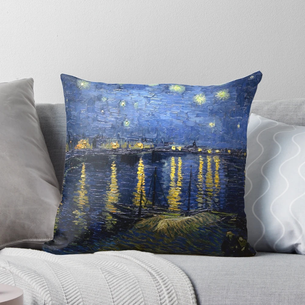 Starry night sky pillow featuring Vincent Van Gogh's famous painting "Starry Night Over the Rhone"