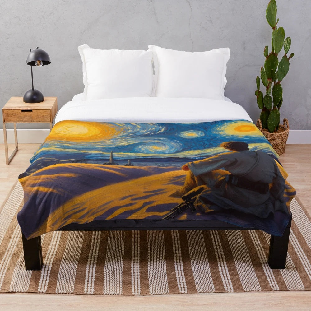 Starry Tatooine plush blanket with a Van Gogh-inspired night sky design