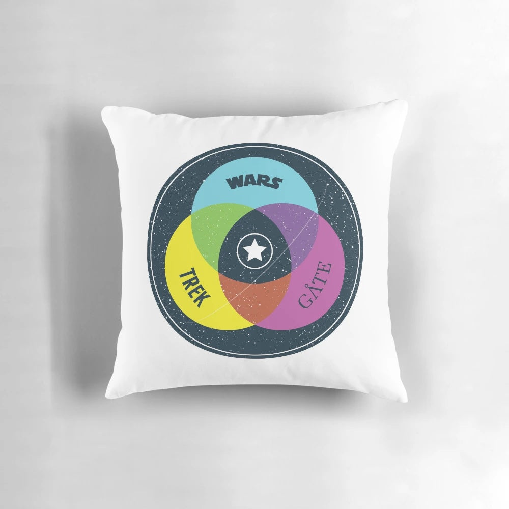 Starry Trinity Space-Themed Pillow with Stars, Galaxies, and Venn Diagram Design