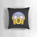 Decorative throw pillow featuring a startled, fearful facial expression emoji or icon