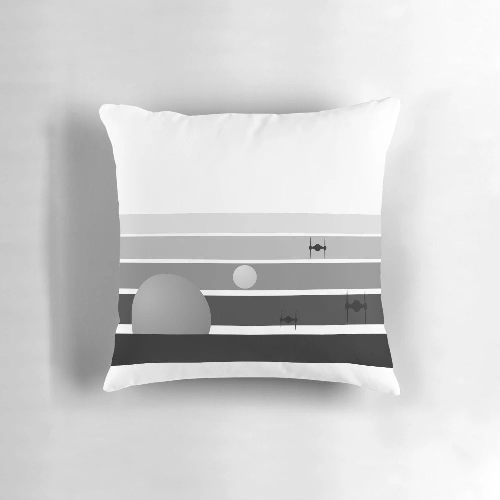 Black and white pillow with a sunset design, perfect for Star Wars fans
