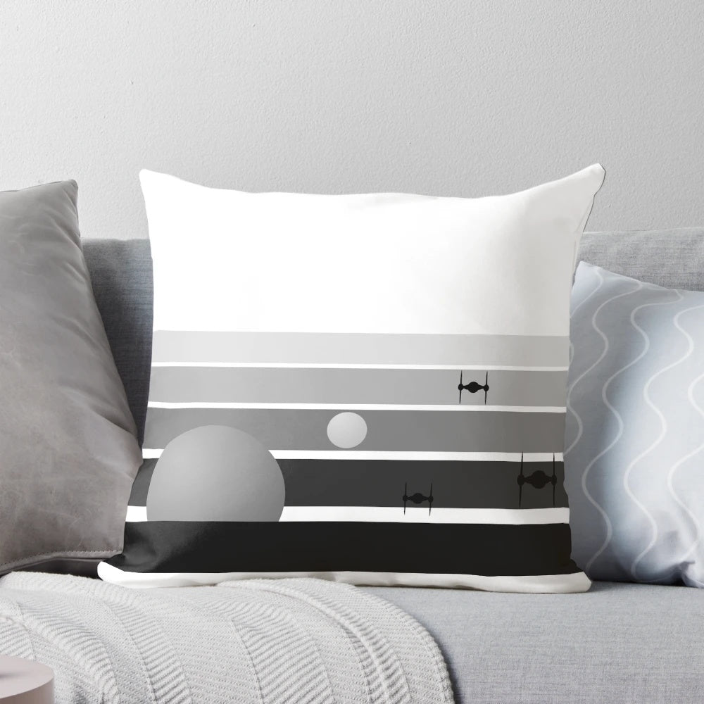 Black and white pillow with a sunset design, perfect for Star Wars fans