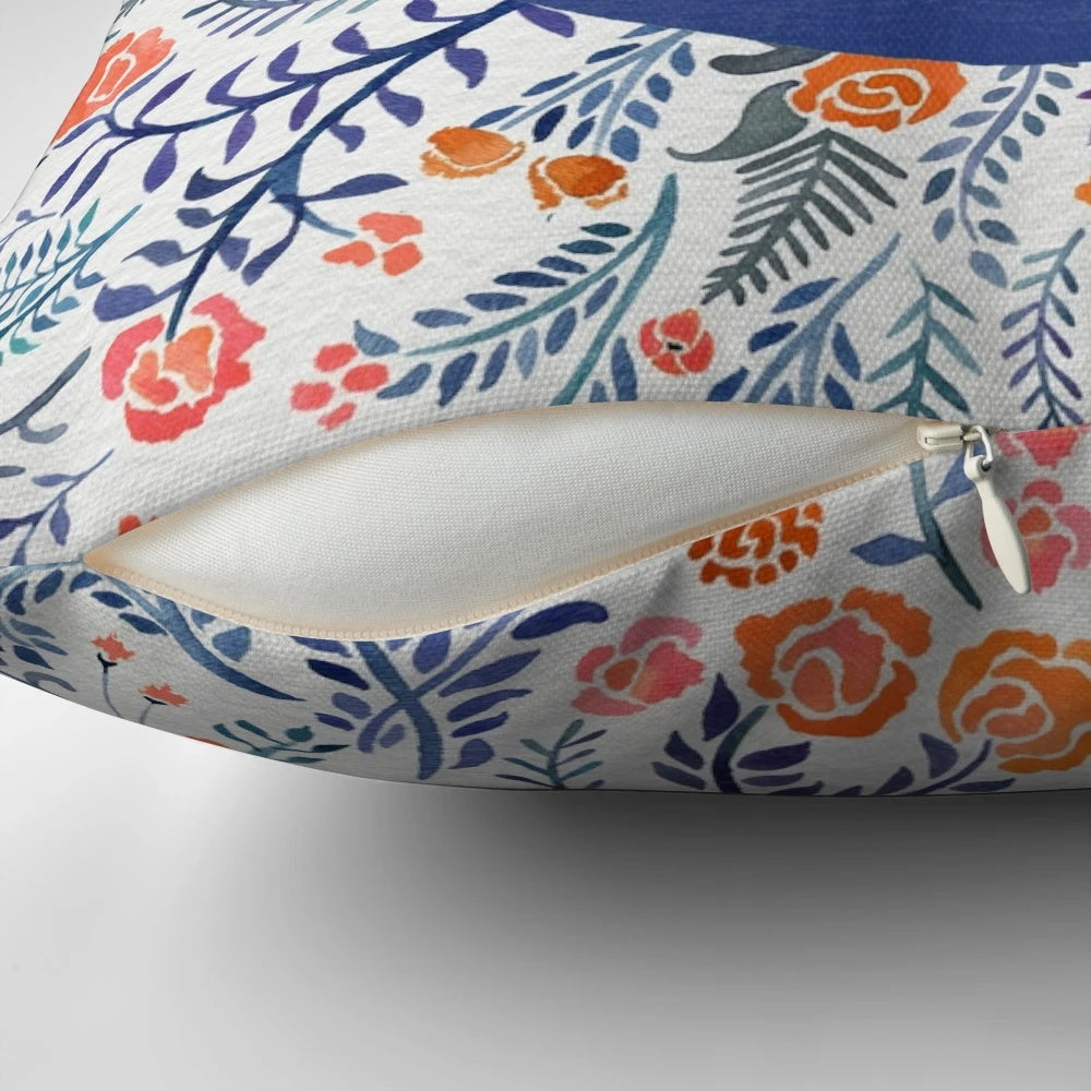 Navy and coral floral watercolor 'Stay Curious' throw pillow
