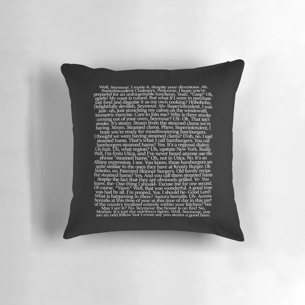 Steamed Hams Pillow featuring a Simpsons meme design with Seymour Skinner, Aurora Borealis, and Superintendent Chalmers