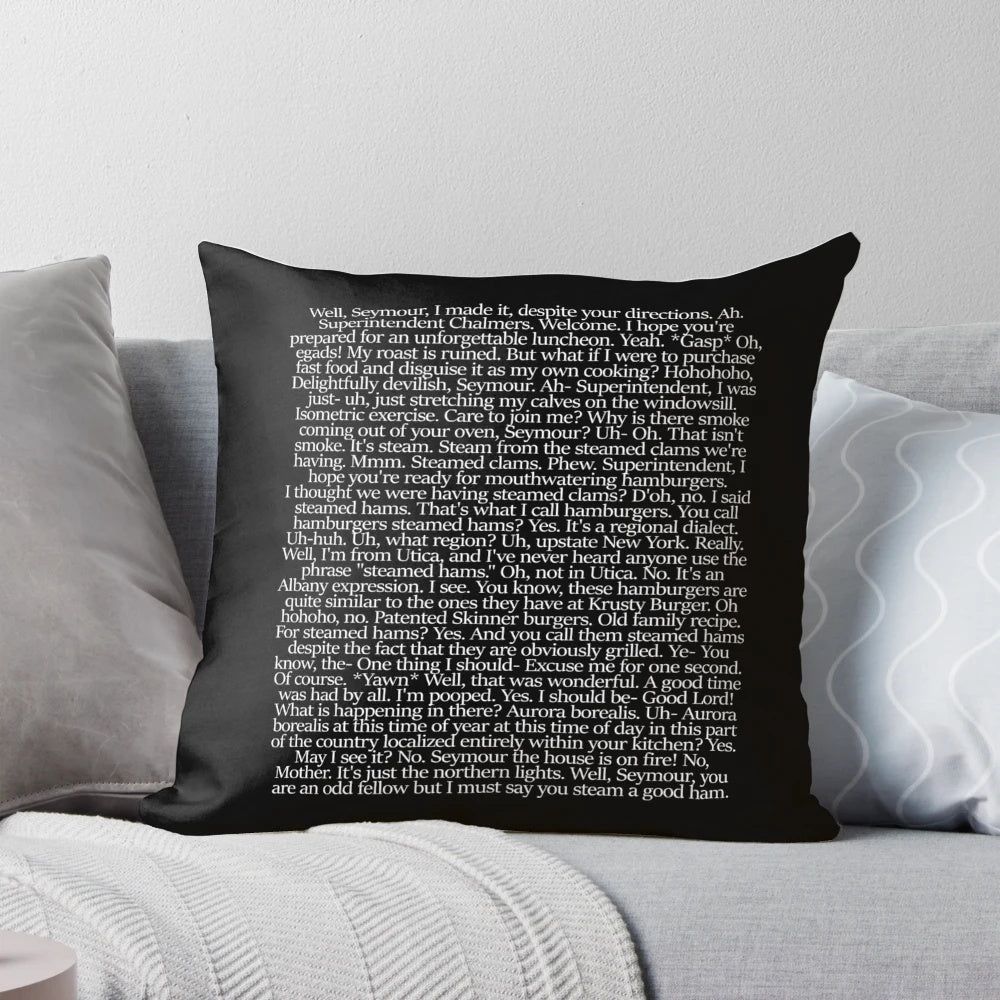Steamed Hams Pillow featuring a Simpsons meme design with Seymour Skinner, Aurora Borealis, and Superintendent Chalmers