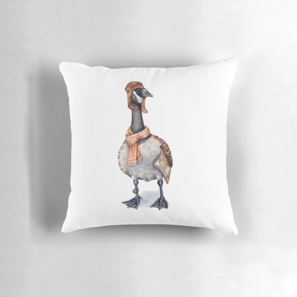 Steampunk-inspired decorative pillow featuring an aviator-style Canada goose