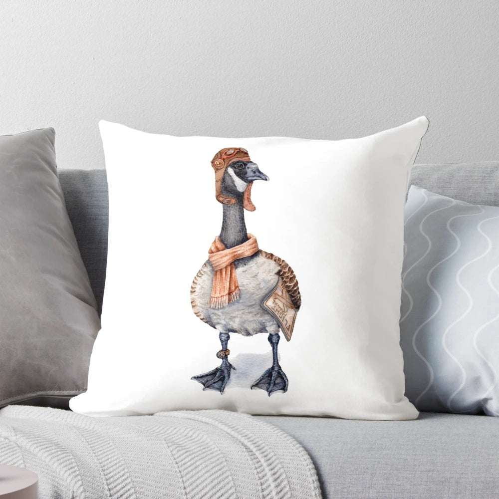 Steampunk-inspired decorative pillow featuring an aviator-style Canada goose