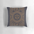 Steampunk-themed polyhedral dice set printed on a cozy pillow for tabletop RPG enthusiasts.