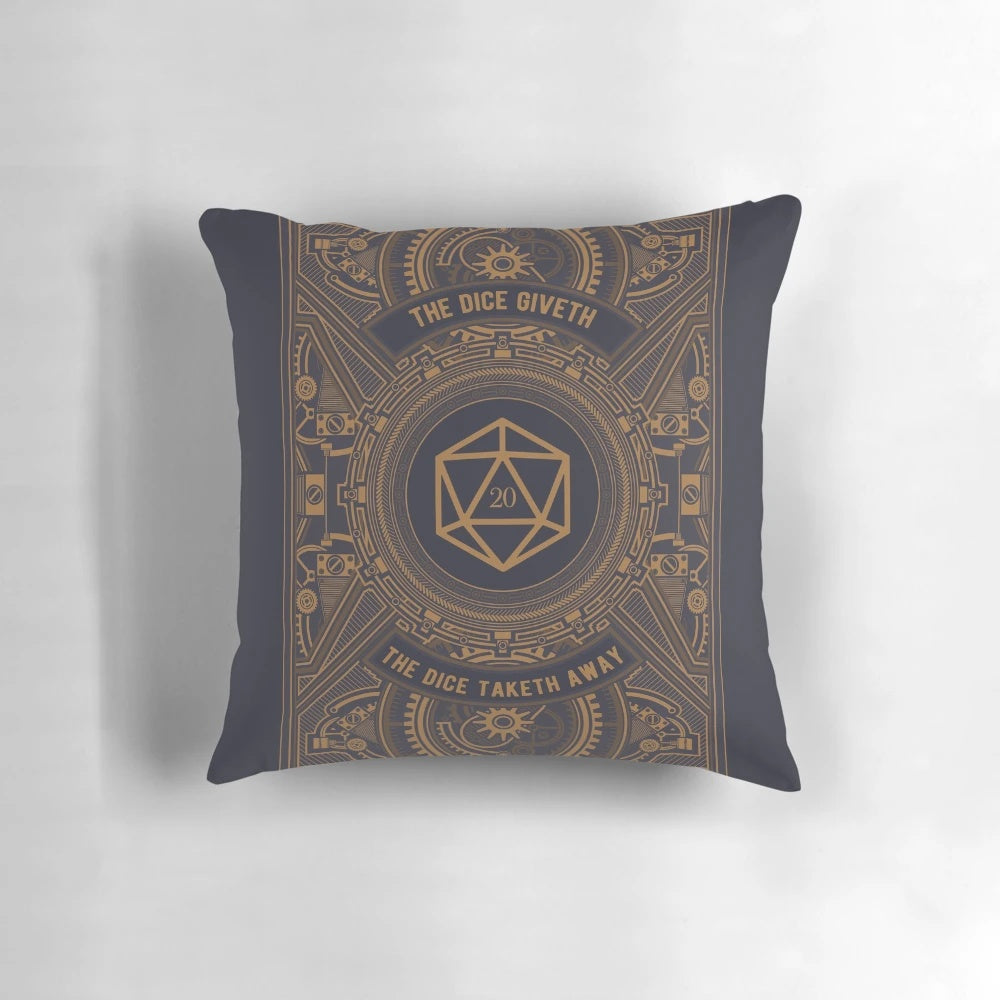 Steampunk-themed polyhedral dice set printed on a cozy pillow for tabletop RPG enthusiasts.